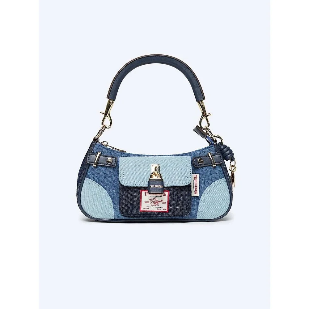 True Religion Patchwork Denim Shoulder Bag Y2K Mini Bag Blue Gold Hardware
